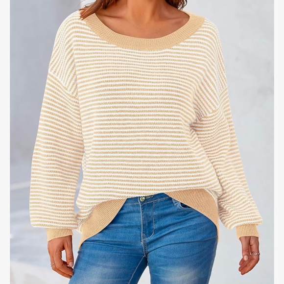 fashion Sweaters - Oversized striped Beige Sweater